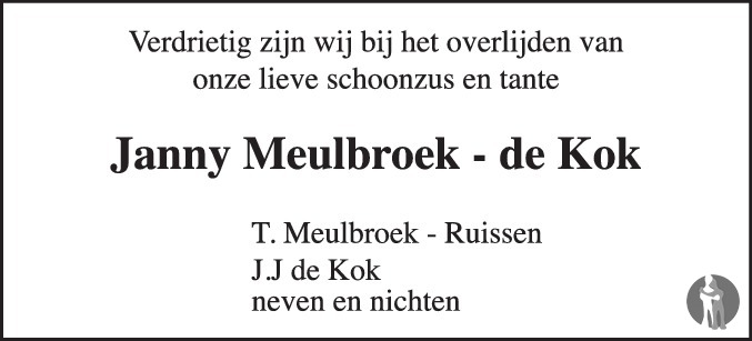 Overlijdensbericht van Jannetje (Janny)  Meulbroek - de Kok in PZC Provinciale Zeeuwse Courant
