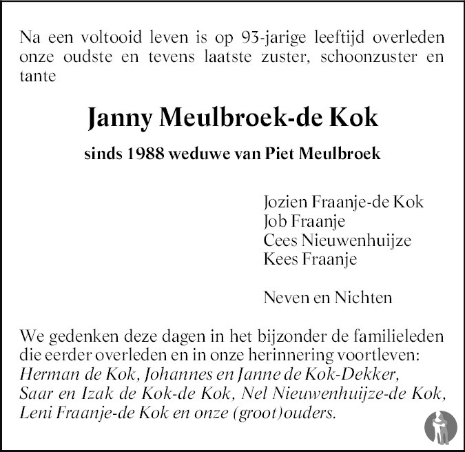 Overlijdensbericht van Jannetje (Janny)  Meulbroek - de Kok in PZC Provinciale Zeeuwse Courant