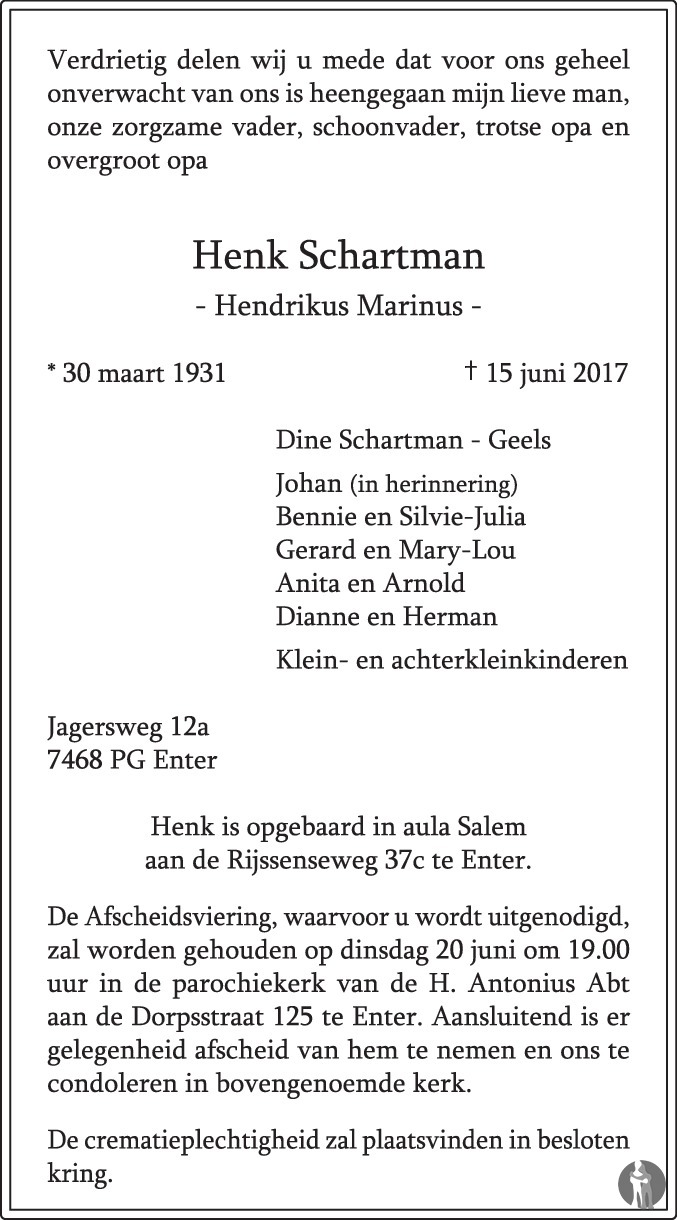 Hendrikus Marinus (Henk) Schartman 15-06-2017 overlijdensbericht en ...