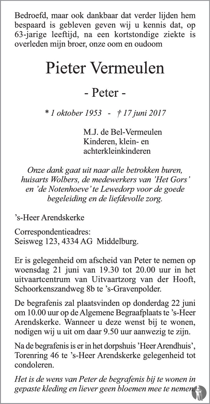 Pieter (Peter) Vermeulen 17062017 overlijdensbericht en condoleances