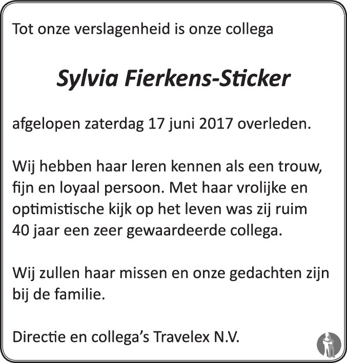 Overlijdensbericht van Sylvia Hubertina Antonia Fierkens - Sticker in de Gelderlander