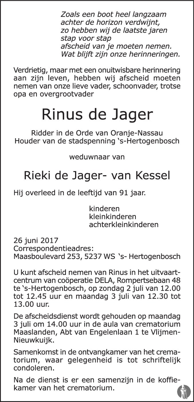 Overlijdensbericht van Rinus de Jager in Brabants Dagblad