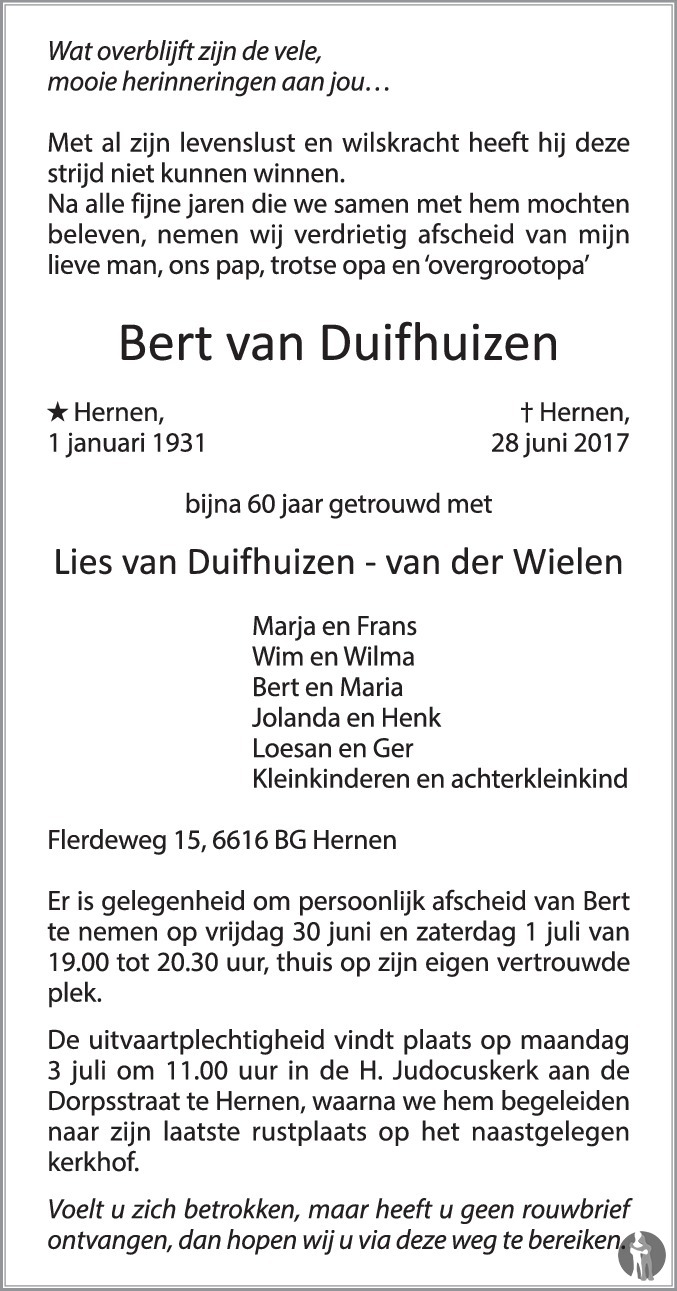 Overlijdensbericht van Bert van Duifhuizen in de Gelderlander