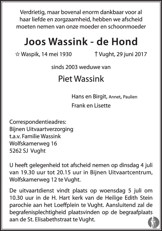 Overlijdensbericht van Joos Wassink - de Hond in Brabants Dagblad