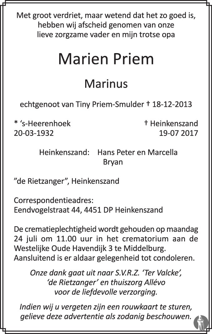 Overlijdensbericht van Marien (Marinus) Priem in PZC Provinciale Zeeuwse Courant