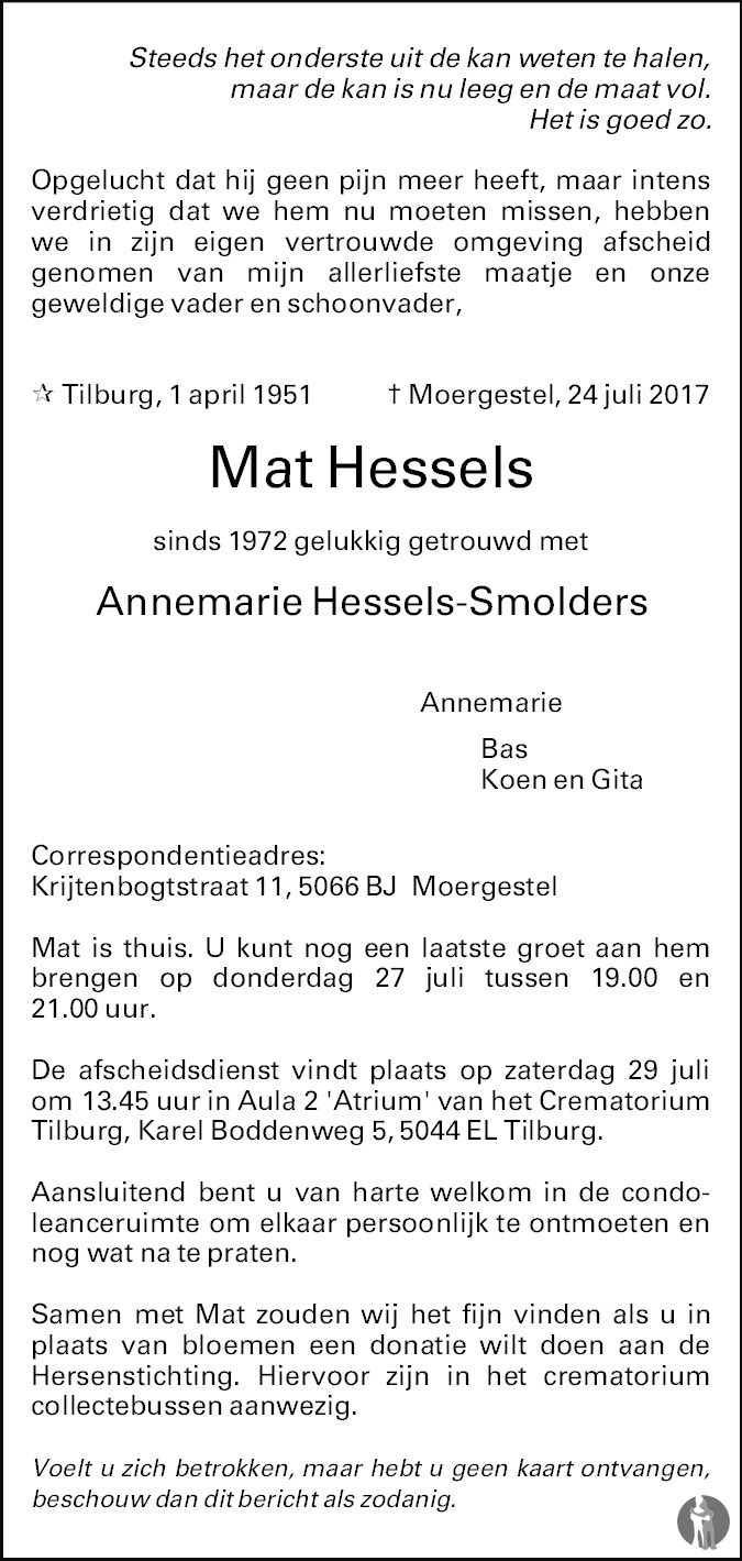 Overlijdensbericht van Mat Hessels in Brabants Dagblad