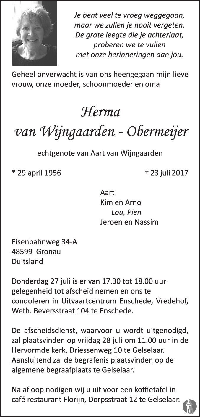 Herma van Wijngaarden - Obermeijer 23-07-2017 overlijdensbericht en ...