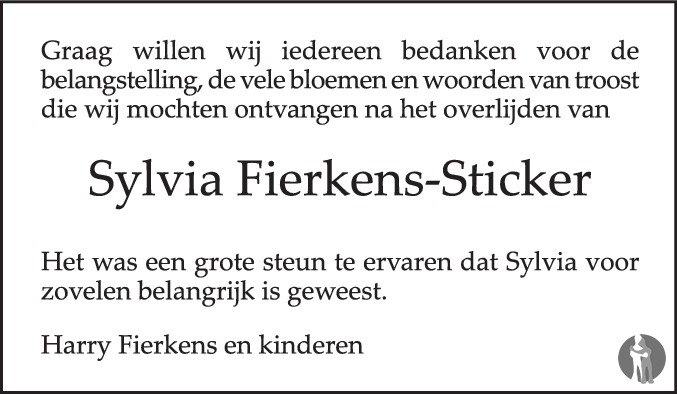 Overlijdensbericht van Sylvia Hubertina Antonia Fierkens - Sticker in de Gelderlander