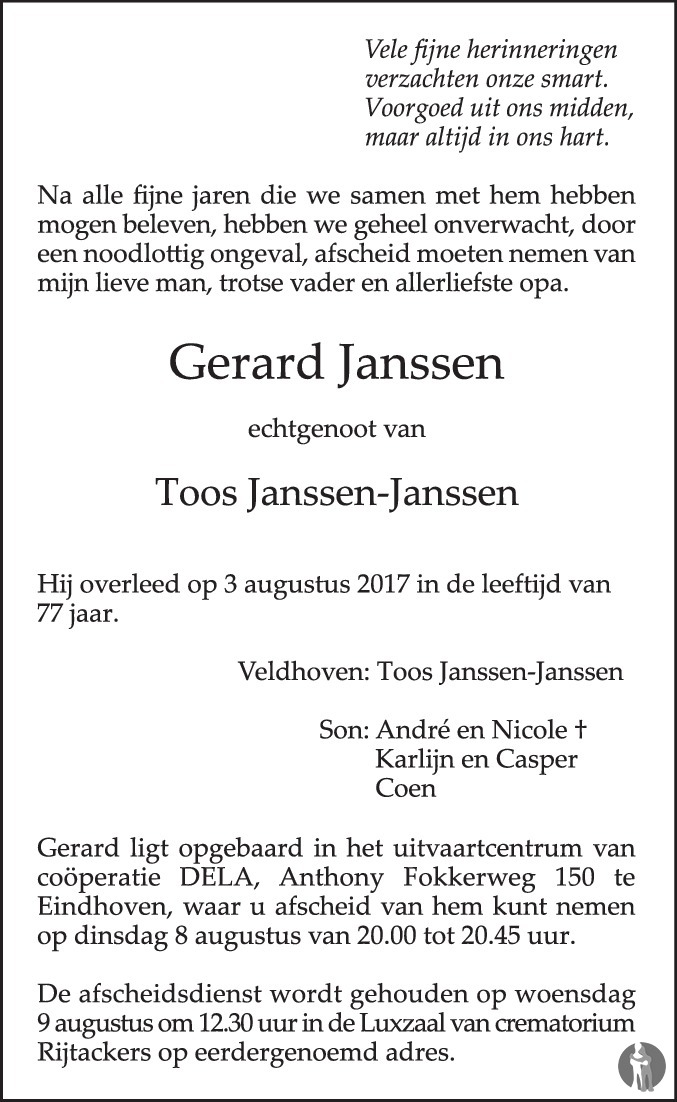 Gerard Janssen 03-08-2017 Overlijdensbericht En Condoleances 