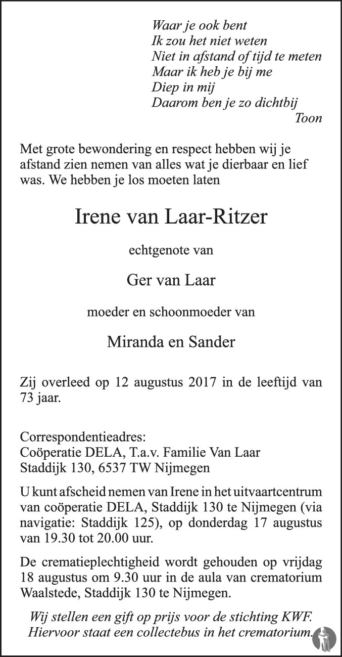 Irene van Laar Ritzer 12082017 overlijdensbericht en condoleances Mensenlinq.nl Irene van Laar Ritzer 12082017 overlijdensbericht en condoleances Mensenlinq.nl