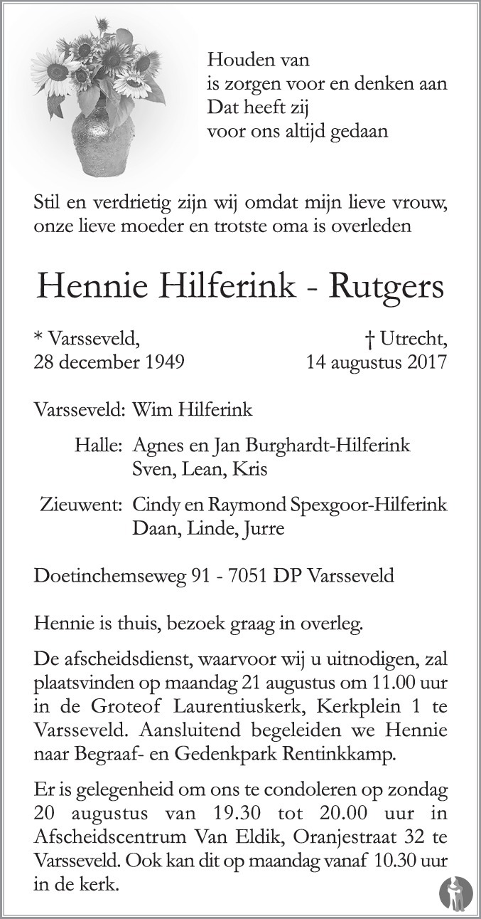 Hennie Hilferink - Rutgers 14-08-2017 overlijdensbericht en ...