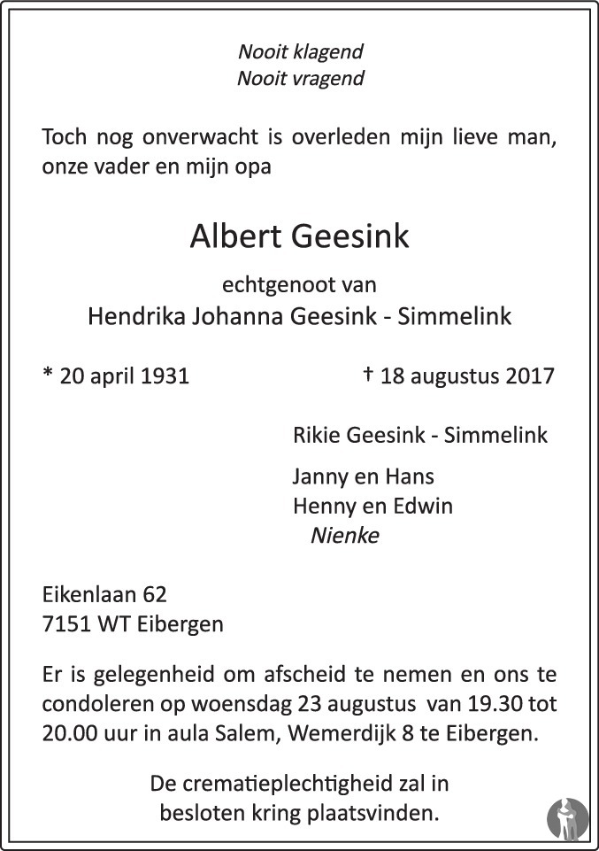 Albert Geesink 18-08-2017 overlijdensbericht en condoleances ...