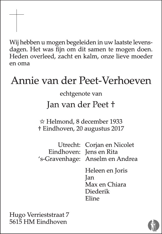 Overlijdensbericht van Annie van der Peet - Verhoeven in Eindhovens Dagblad