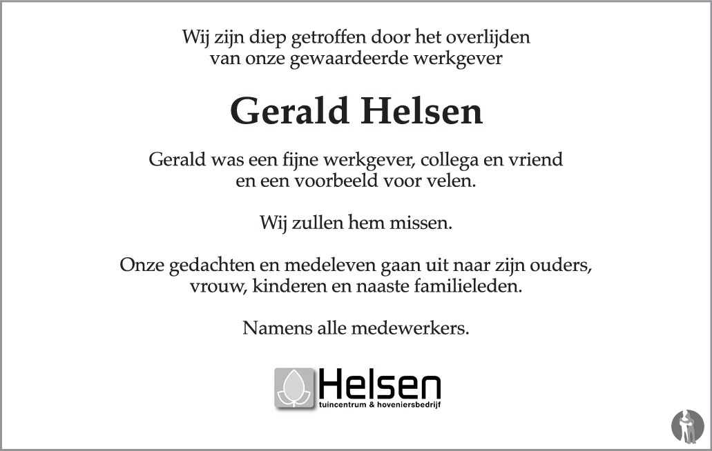 Gerald Helsen 21082017 overlijdensbericht en condoleances  Mensenlinq.nl