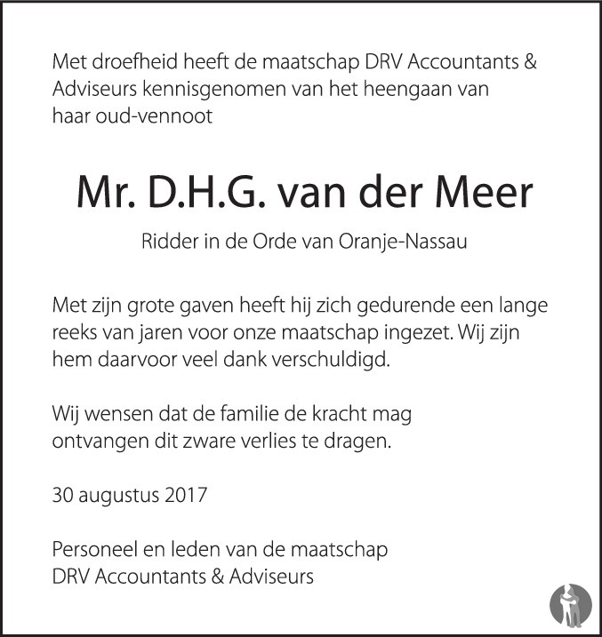 Overlijdensbericht van  mr. Dirk Hendrik Guus van der Meer in PZC Provinciale Zeeuwse Courant