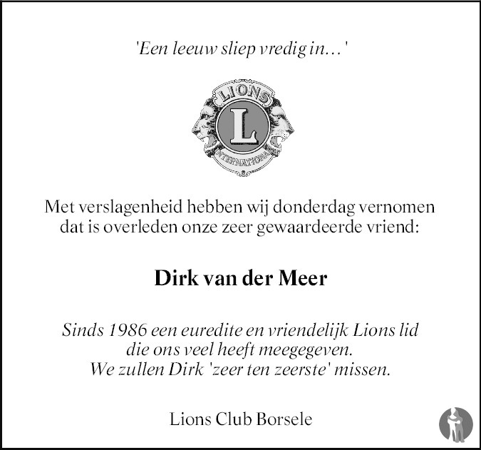 Overlijdensbericht van  mr. Dirk Hendrik Guus van der Meer in PZC Provinciale Zeeuwse Courant
