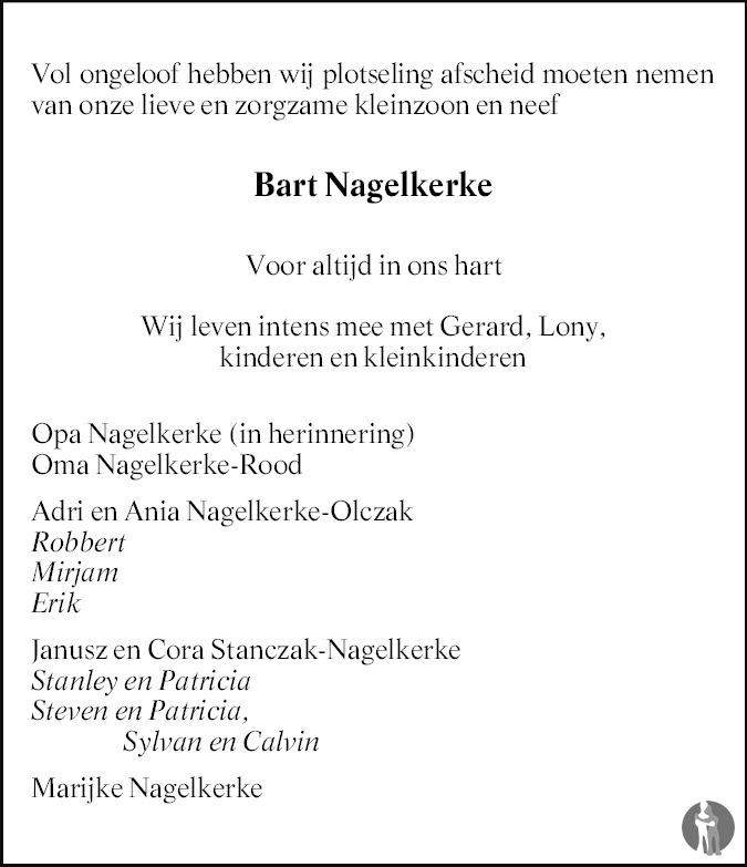 Overlijdensbericht van Bartholomeus Gerardus (Bart)  Nagelkerke in PZC Provinciale Zeeuwse Courant