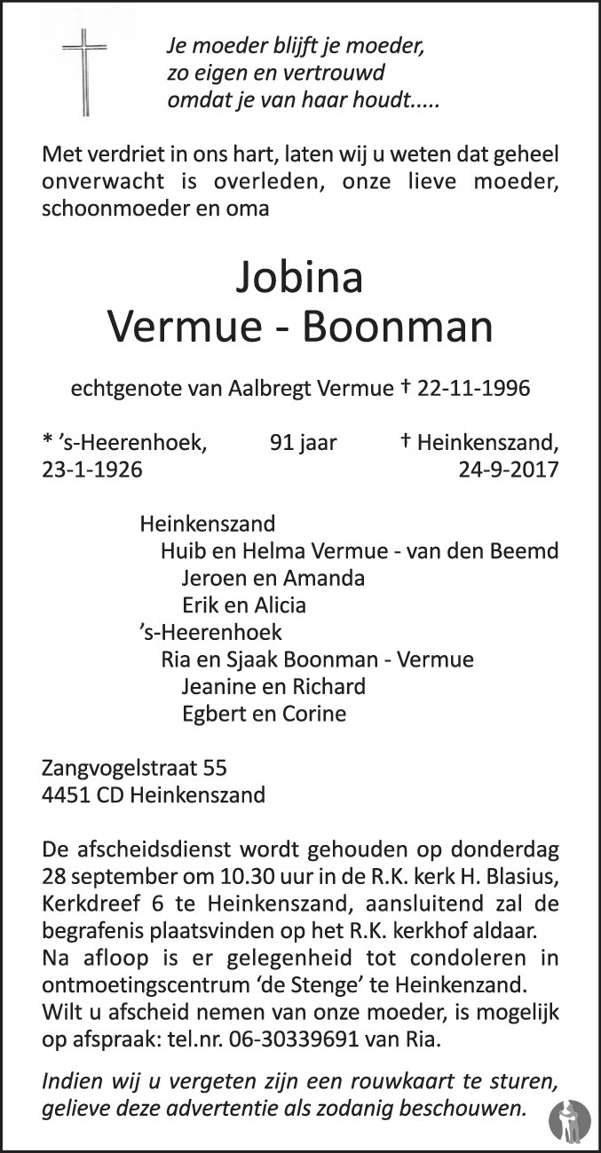 Overlijdensbericht van Jobina Vermue - Boonman in PZC Provinciale Zeeuwse Courant