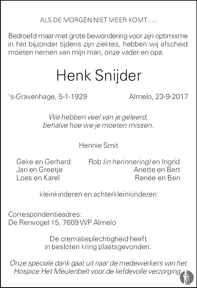 Over het algemeen markt Peave Henk Snijder ✝ 23-09-2017 overlijdensbericht en condoleances - Mensenlinq.nl