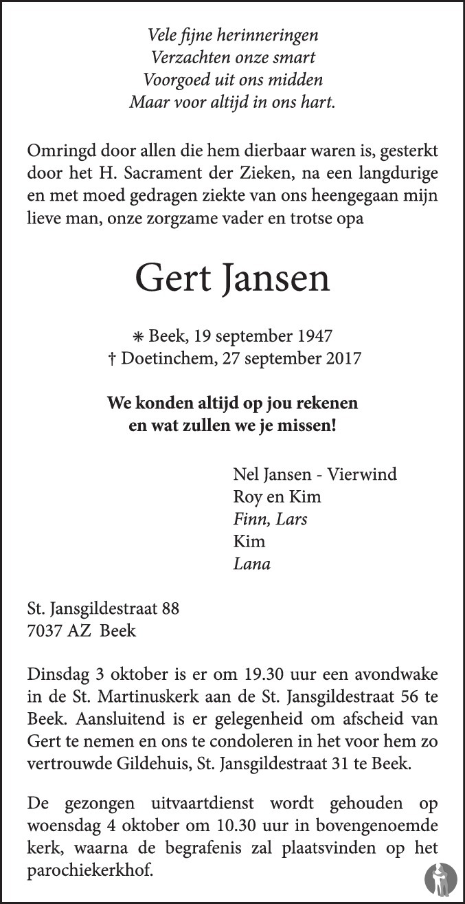 Gert Jansen 27-09-2017 overlijdensbericht en condoleances - Mensenlinq.nl