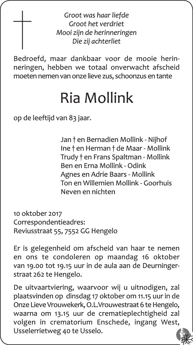 Ria Mollink 10-10-2017 overlijdensbericht en condoleances - Mensenlinq.nl