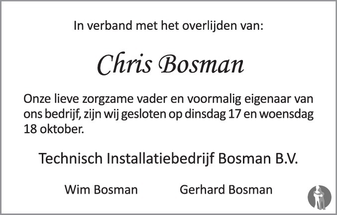 Overlijdensbericht van Christiaan Michaël Maria (Chris)  Bosman in Tubantia