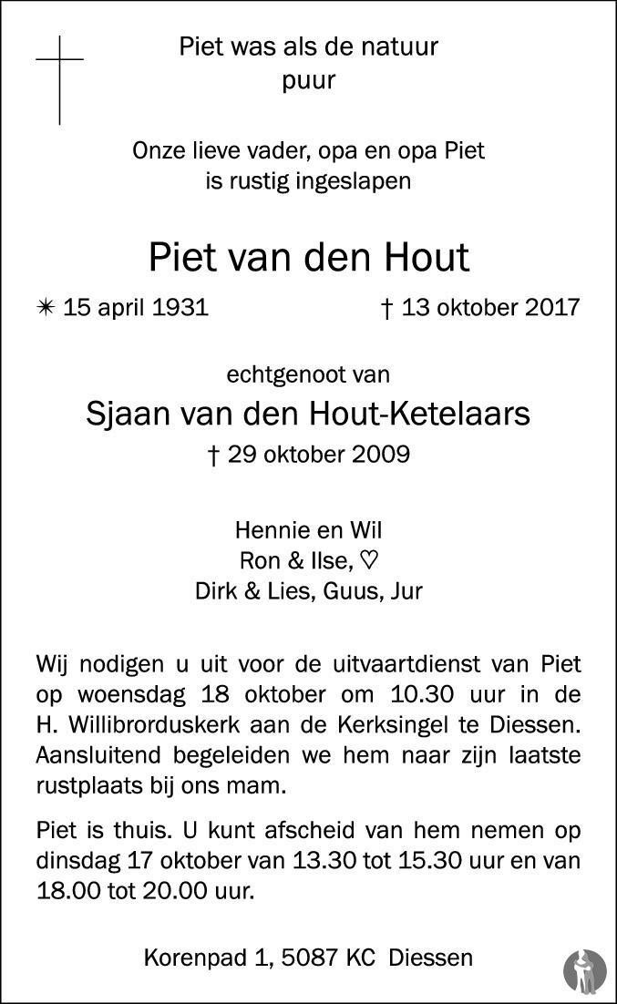 Piet van den Hout 13102017 overlijdensbericht en condoleances