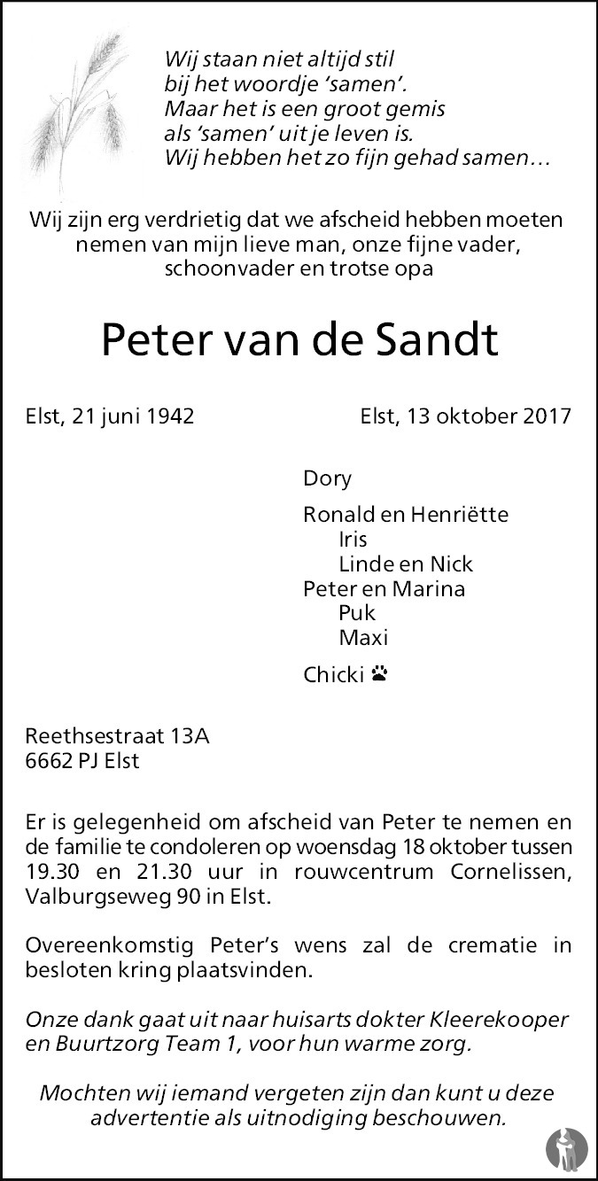 Overlijdensbericht van Peter van de Sandt in de Gelderlander