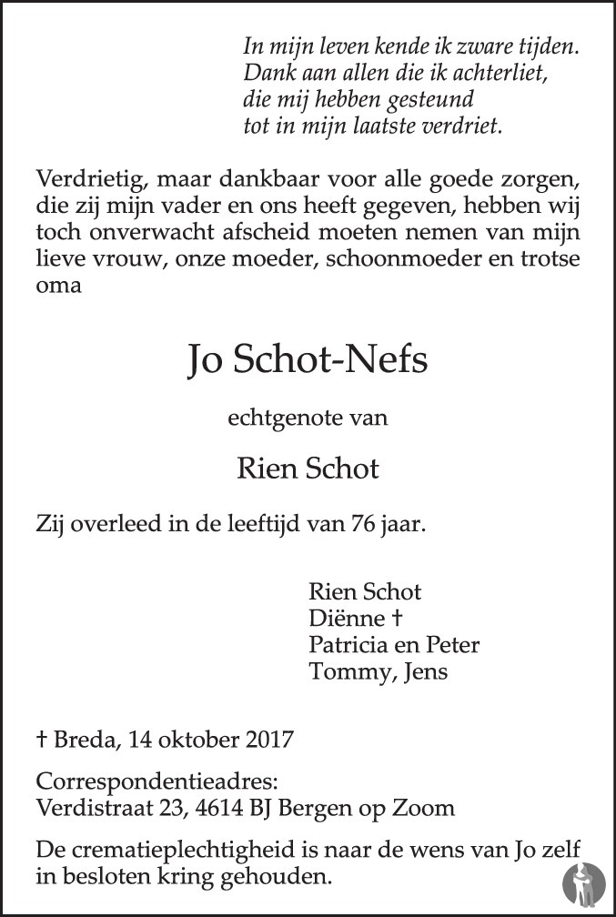 Jo Schot Nefs 14102017 overlijdensbericht en condoleances
