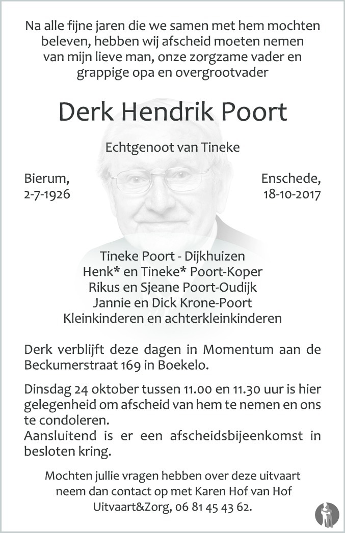 Derk Hendrik Poort 18-10-2017 overlijdensbericht en condoleances ...