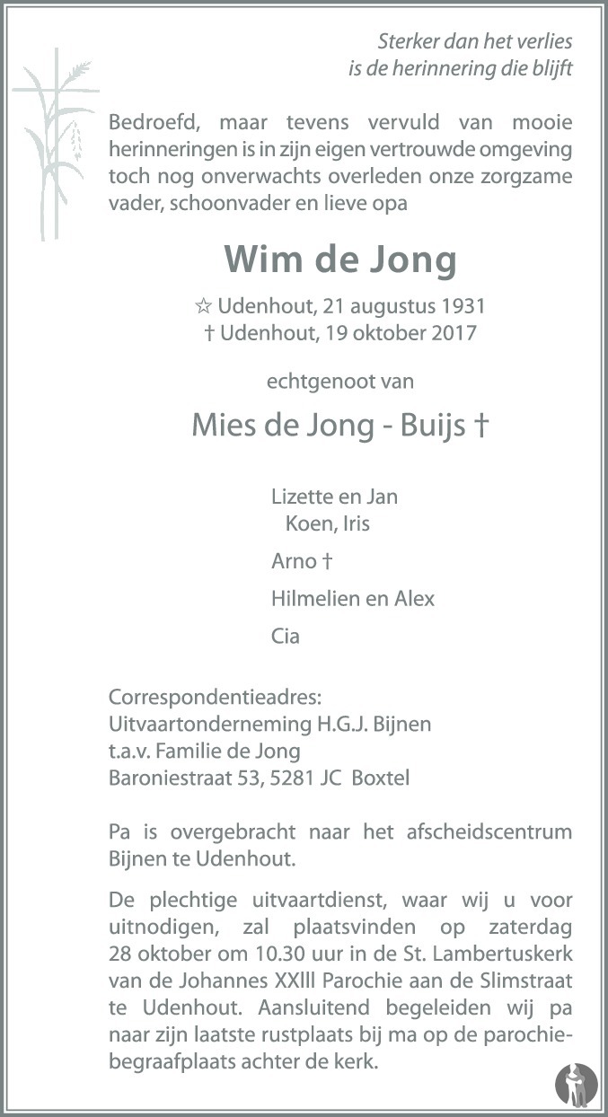 Wim de Jong 19102017 overlijdensbericht en condoleances Mensenlinq.nl