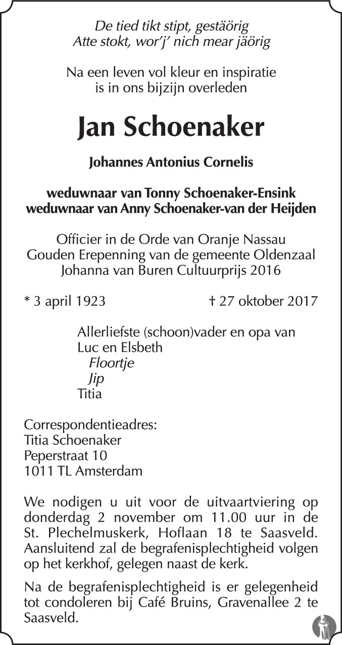 Overlijdensbericht van Johannes Antonius Cornelis (Jan) Schoenaker in Tubantia