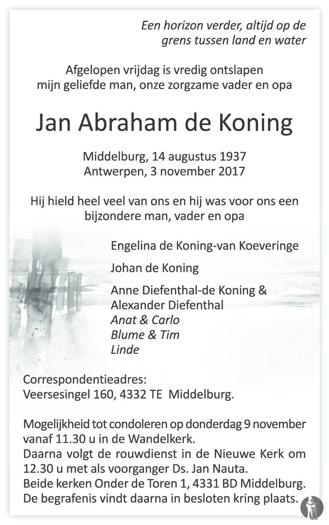 Overlijdensbericht van Jan Abraham de Koning in PZC Provinciale Zeeuwse Courant