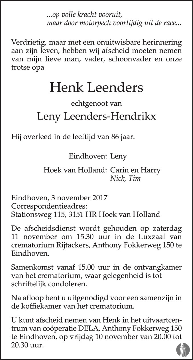 Henk Leenders 03112017 overlijdensbericht en condoleances Mensenlinq.nl