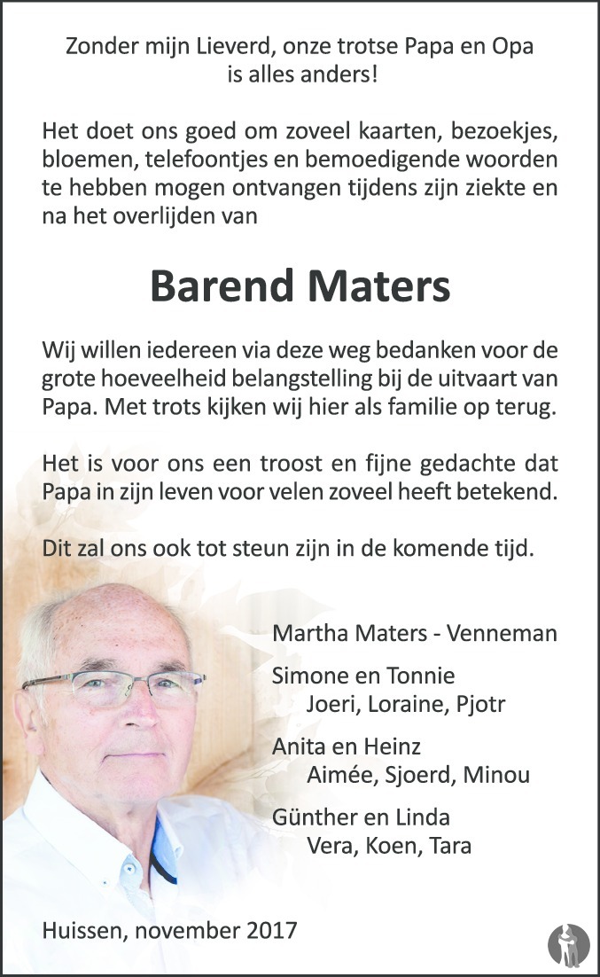 Barend Maters 05 10 2017 Overlijdensbericht En Condoleances Mensenlinqnl