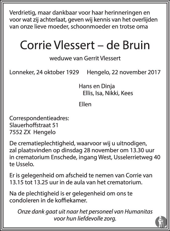 Corrie Vlessert de Bruin 22112017 overlijdensbericht en