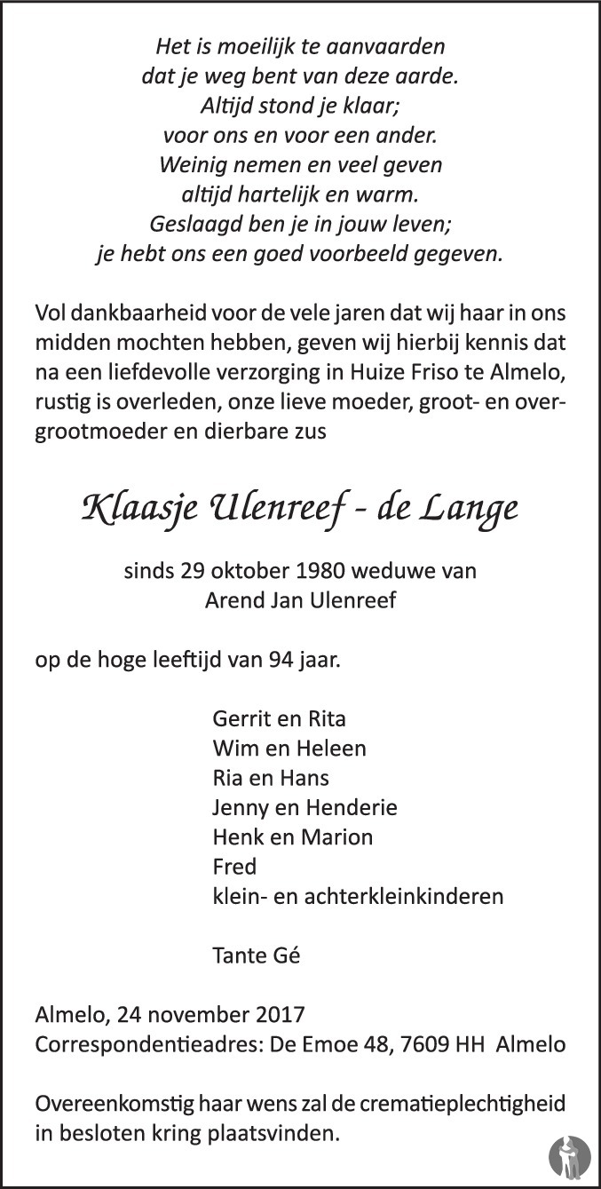 Klaasje Ulenreef  de Lange 24112017 overlijdensbericht en
