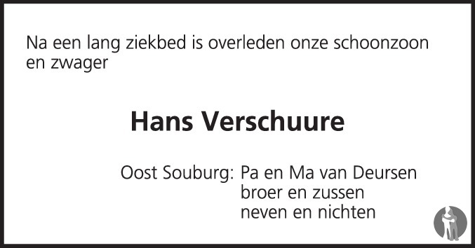 Overlijdensbericht van Hans Verschuure in PZC Provinciale Zeeuwse Courant