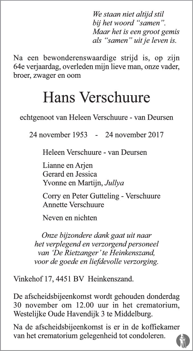 Overlijdensbericht van Hans Verschuure in PZC Provinciale Zeeuwse Courant