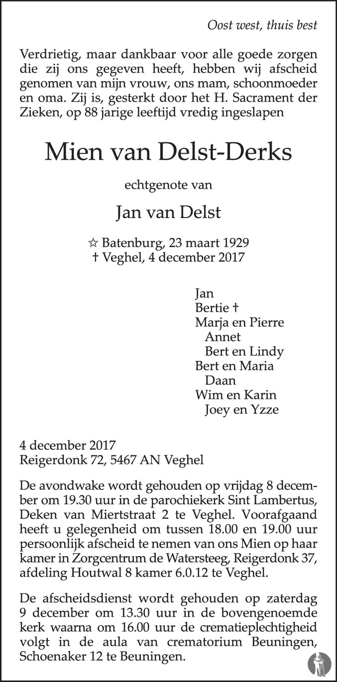 Overlijdensbericht van Mien van Delst - Derks in de Gelderlander