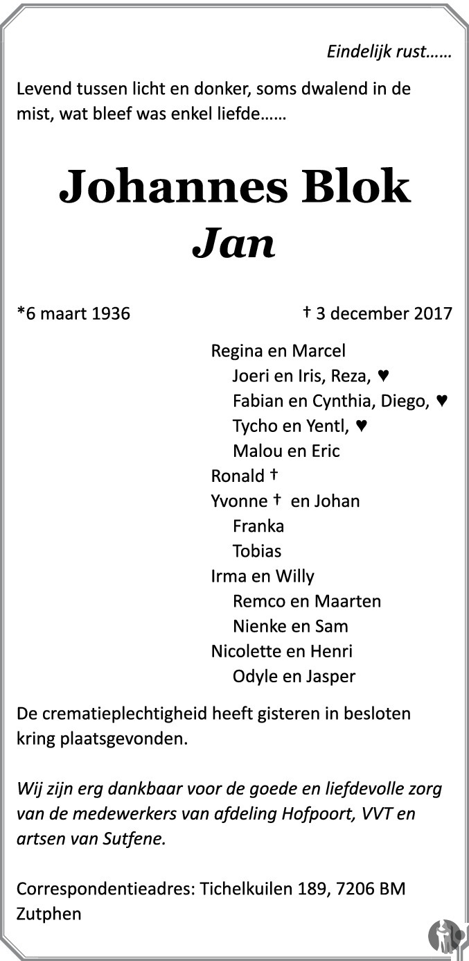 Johannes (Jan) Blok 03122017 overlijdensbericht en condoleances