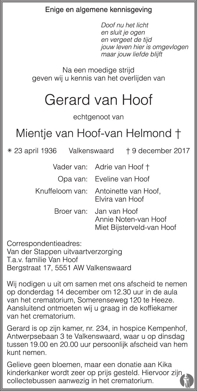 Gerard van Hoof 09-12-2017 overlijdensbericht en condoleances ...