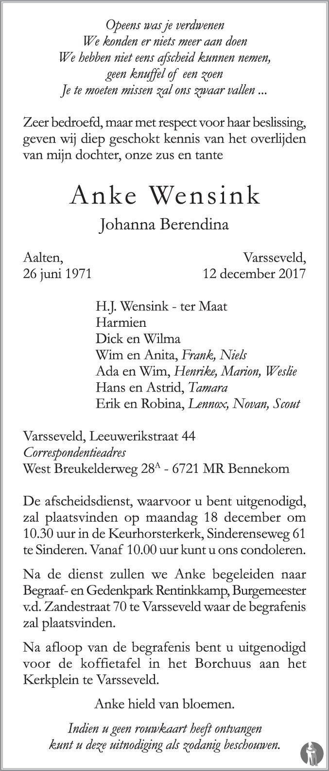 Johanna Berendina (Anke) Wensink 12-12-2017 overlijdensbericht en ...