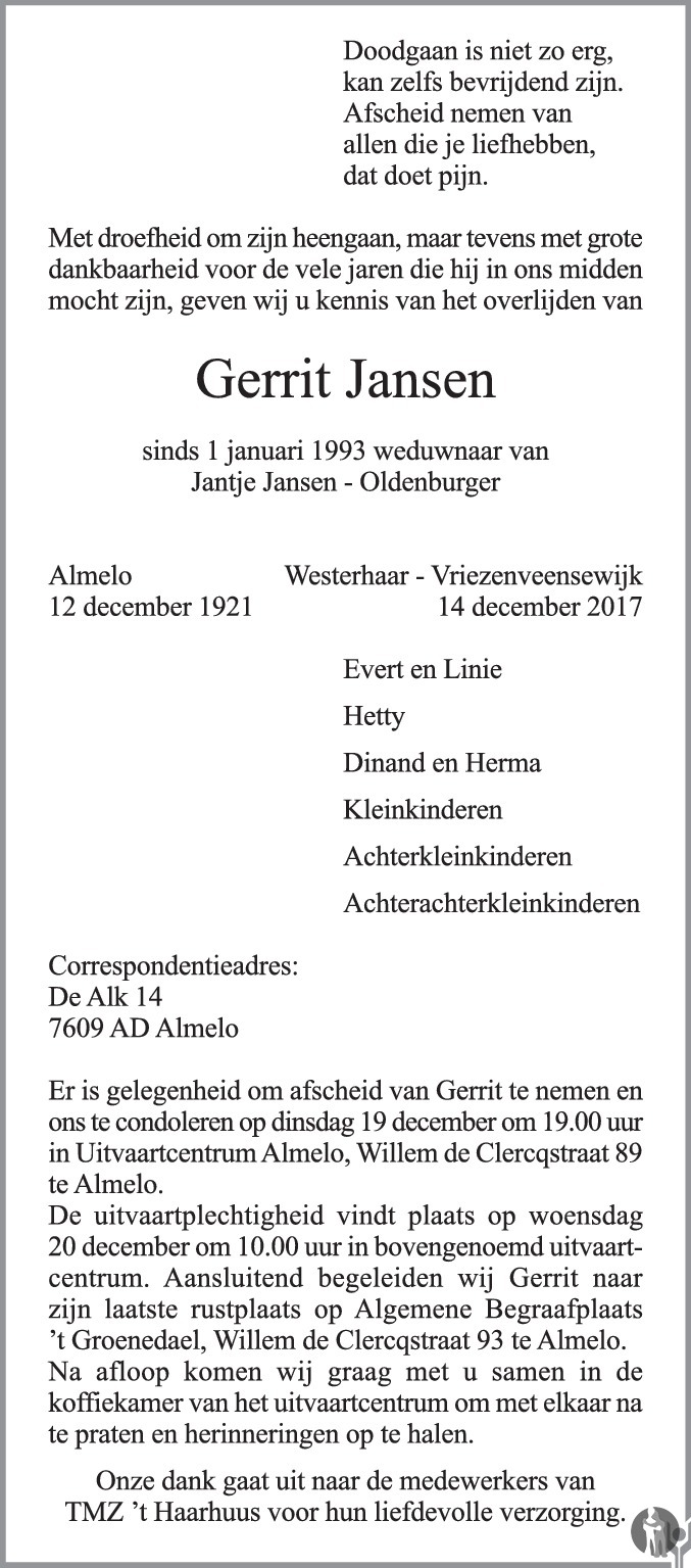 Gerrit Jansen 14-12-2017 overlijdensbericht en condoleances - Mensenlinq.nl