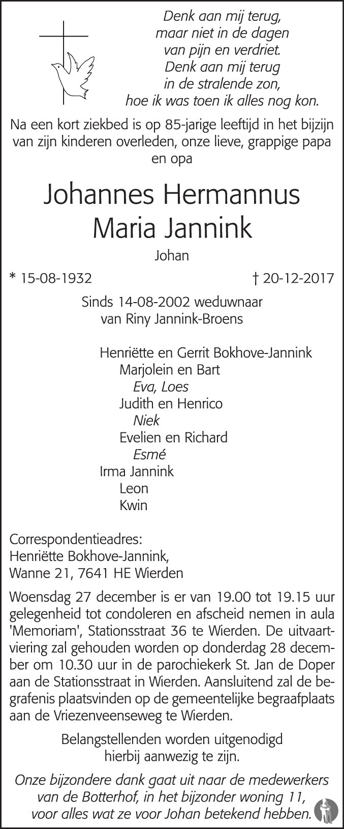 Johannes Hermannus Maria (Johan) Jannink 20-12-2017 overlijdensbericht ...