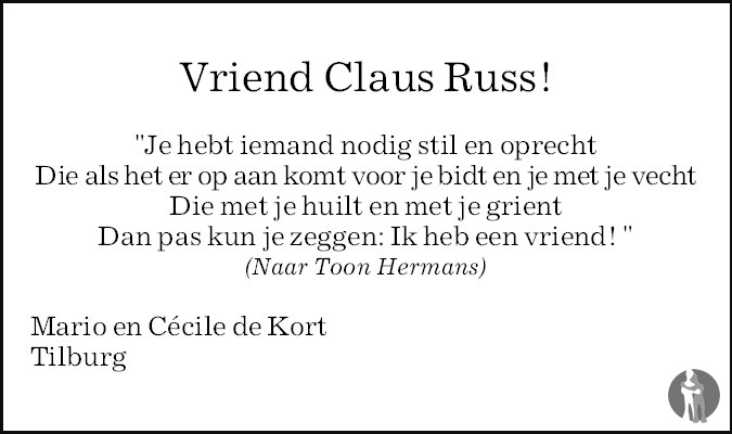 Overlijdensbericht van Claus Günther (Claus) Russ in Brabants Dagblad