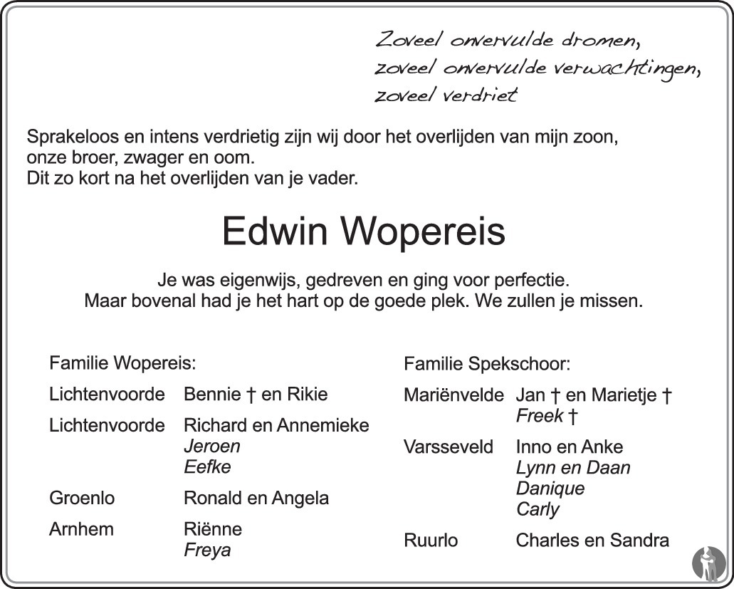 Overlijdensbericht van Edwin Wopereis in de Gelderlander