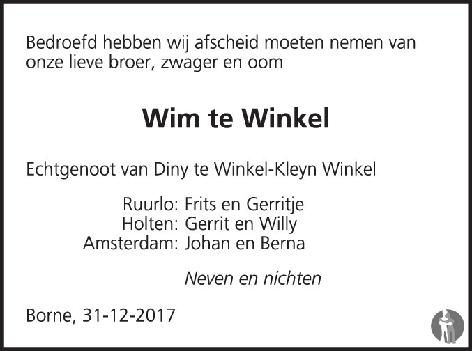 Willem (Wim) te Winkel ✝ 31-12-2017 overlijdensbericht en