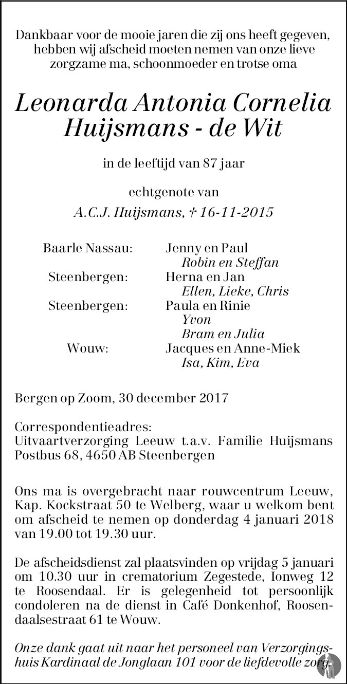 Overlijdensbericht van Leonarda Antonia Cornelia Huijsmans - de Wit in BN DeStem