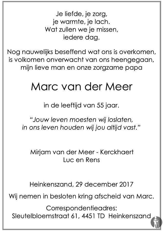 Overlijdensbericht van Marc van der Meer in PZC Provinciale Zeeuwse Courant